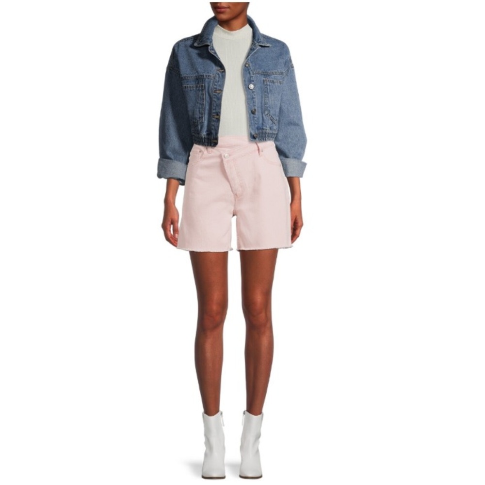 No Boundaries Plus Size High Rise Pink Asymmetrical Zipper Raw Hem Denim Shorts